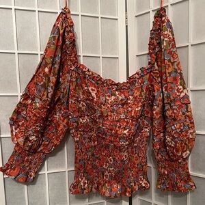 HOUSE OF HARLOW Floral Smocked Blouse Top Charisma Orange NWT